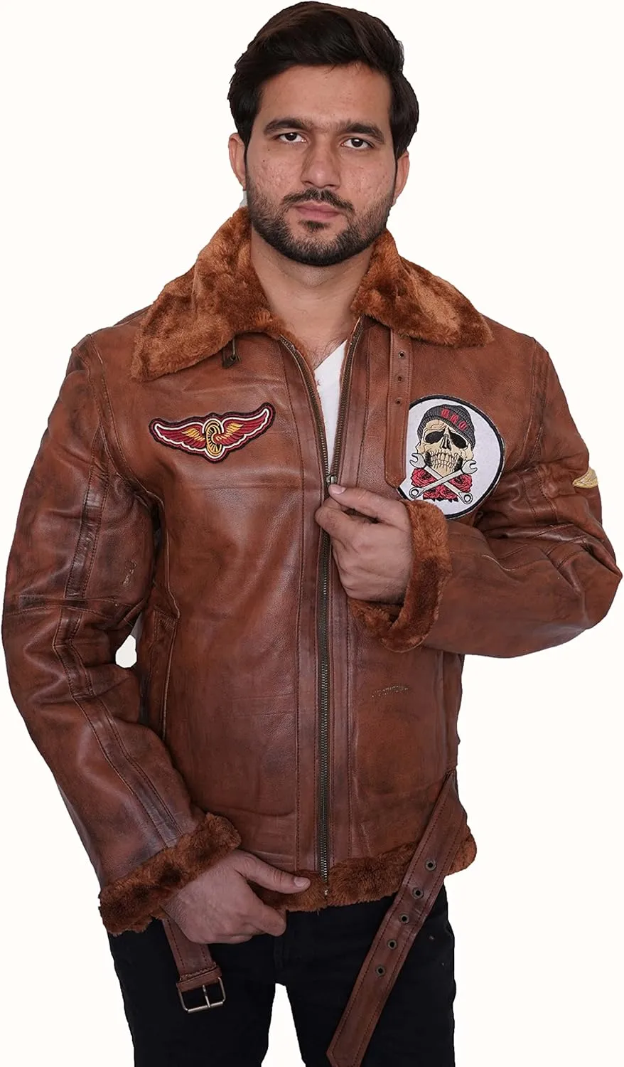 Men's Aviator with Fur Collar and cuff - fur bomber jacket with Tan Brown Badge