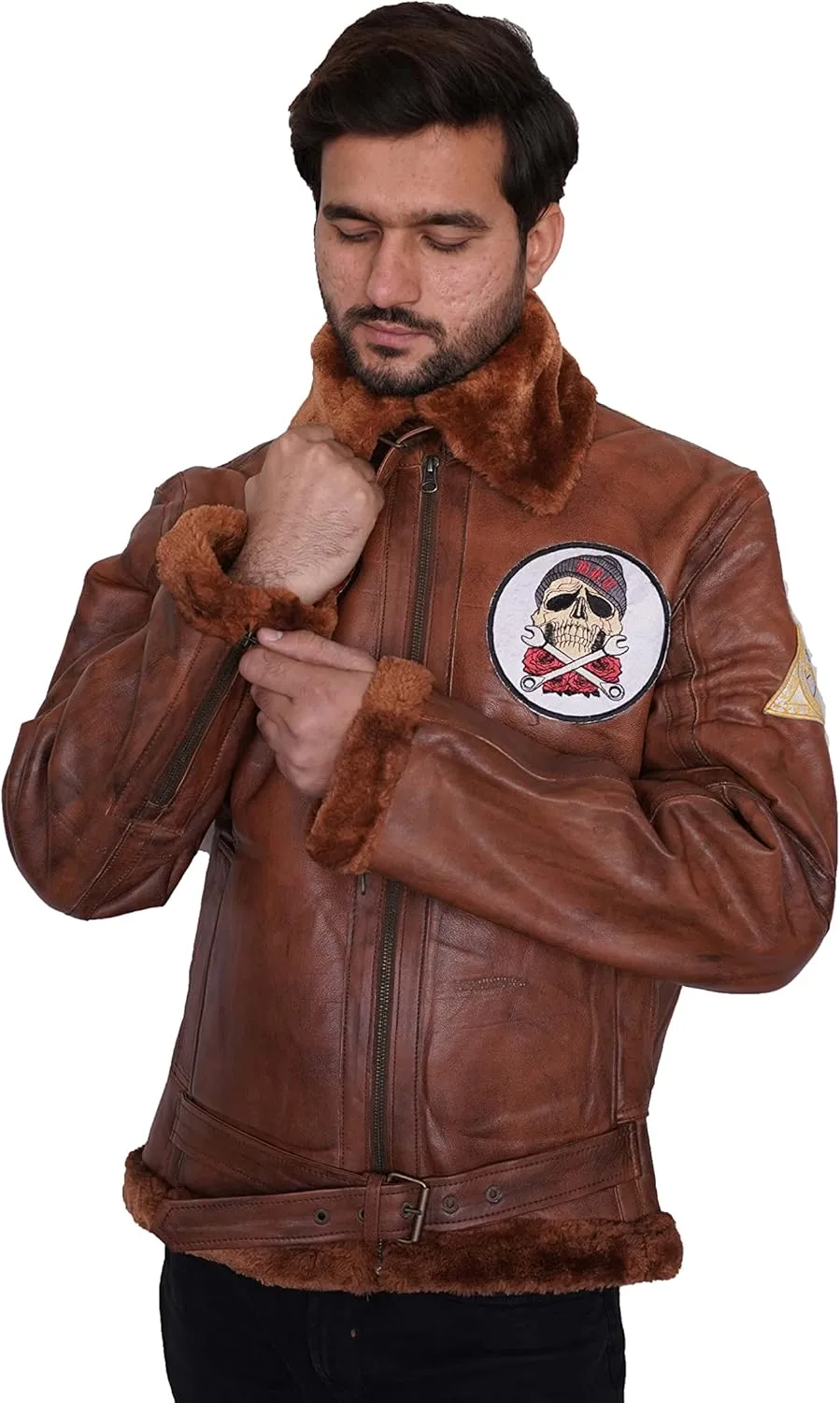 Men's Aviator with Fur Collar and cuff - fur bomber jacket with Tan Brown Badge