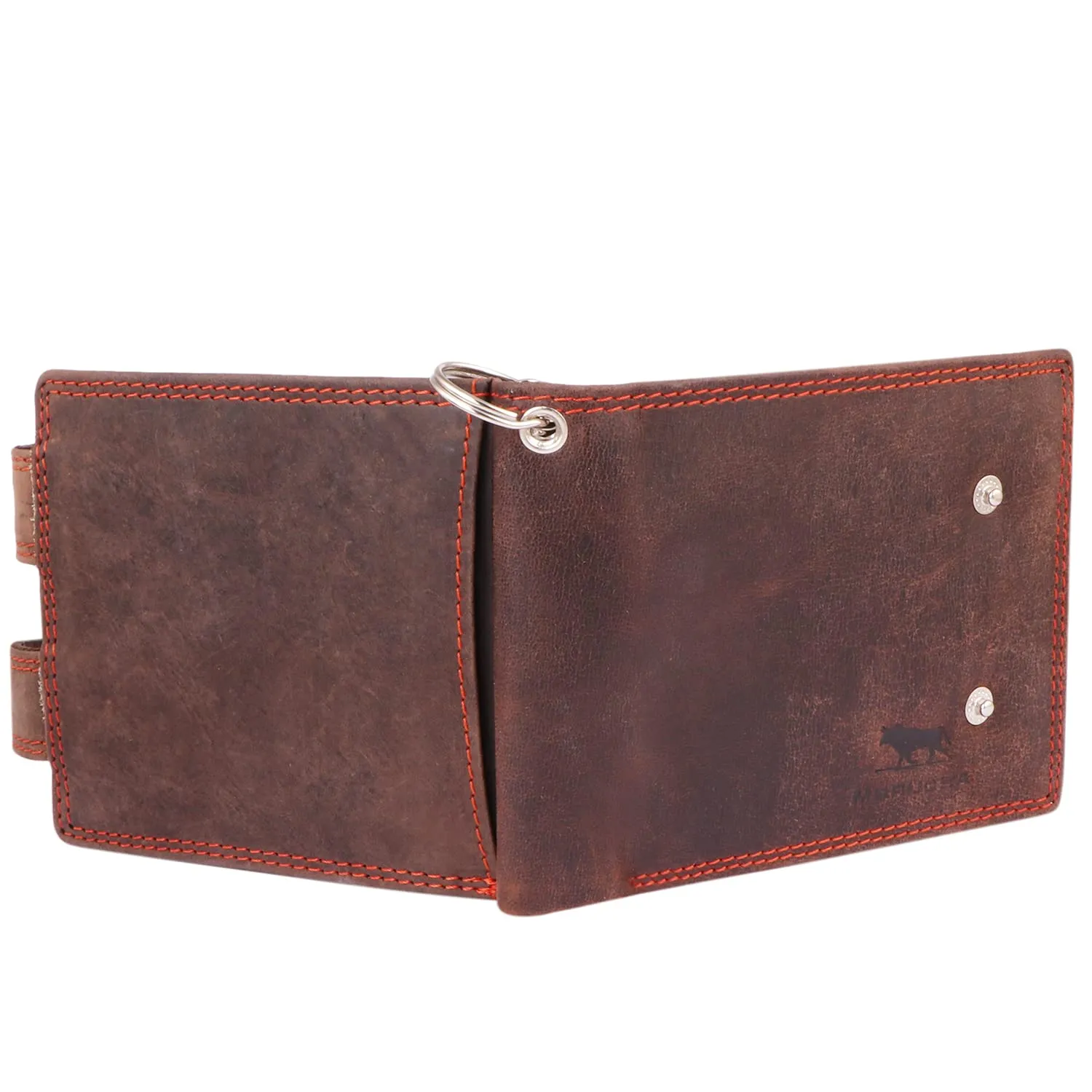 Mens Genuine Distressed Leather Biker Wallet with Detachable 31cm Safety Chain M100 Dark Brown