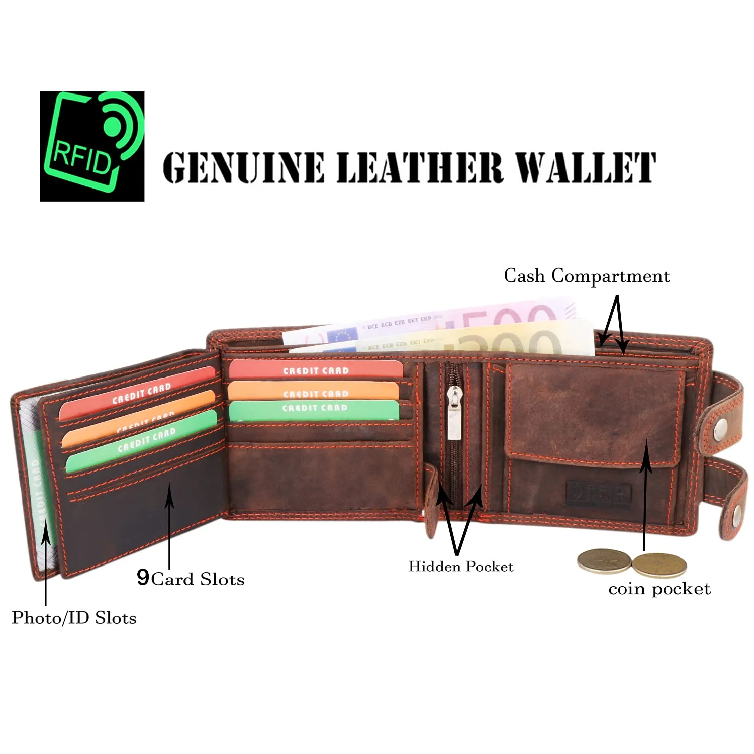 Mens Genuine Distressed Leather Biker Wallet with Detachable 31cm Safety Chain M100 Dark Brown