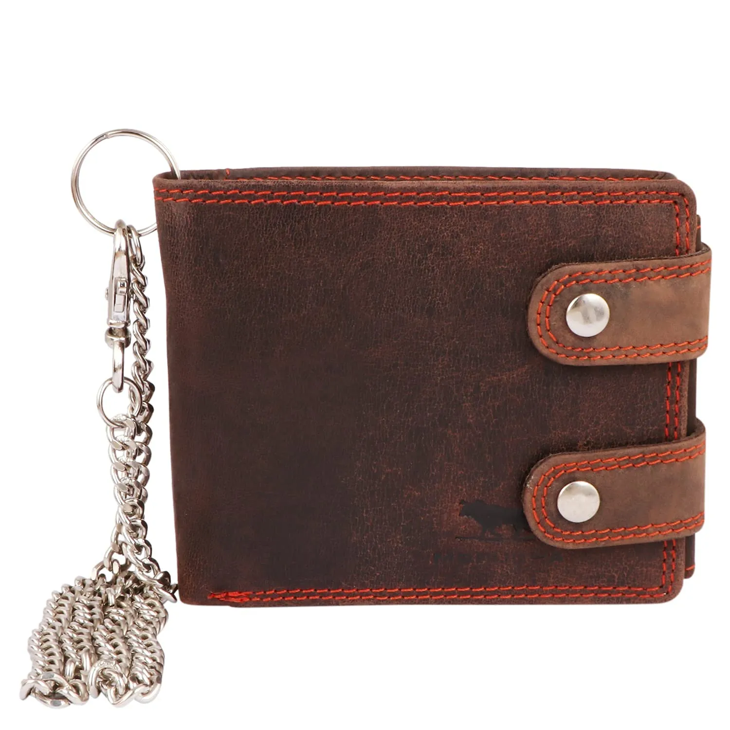 Mens Genuine Distressed Leather Biker Wallet with Detachable 31cm Safety Chain M100 Dark Brown