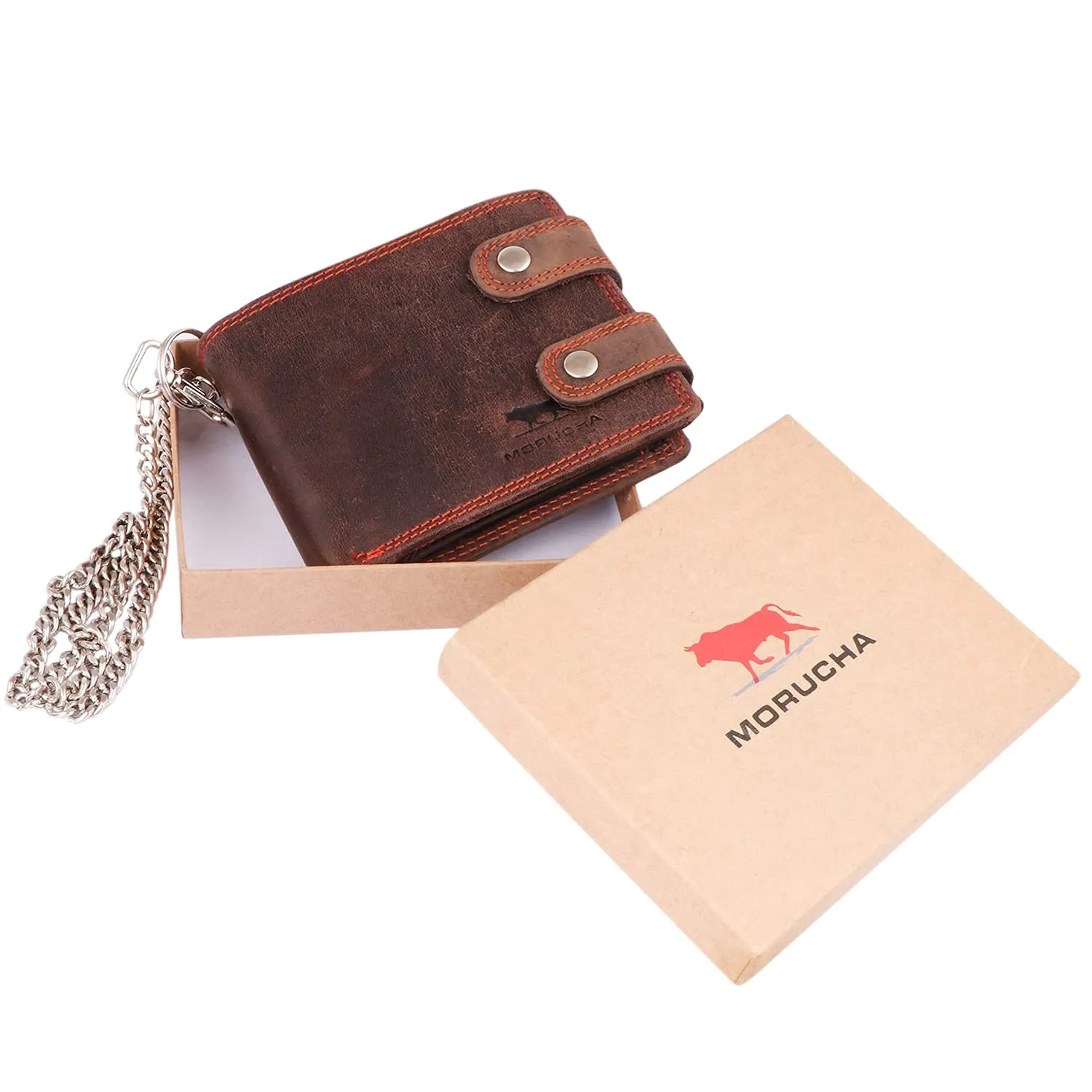 Mens Genuine Distressed Leather Biker Wallet with Detachable 31cm Safety Chain M100 Dark Brown