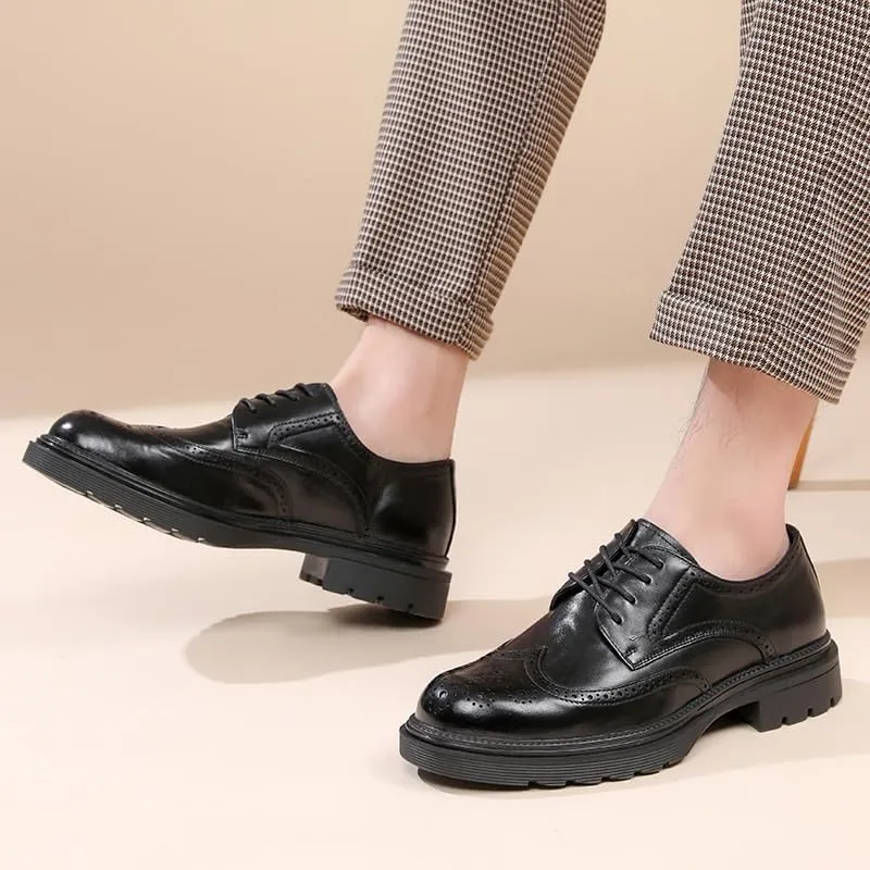 Men's Genuine Leather Lace Up Comfort Wide Round Toe Non-Slip Dress Shoes