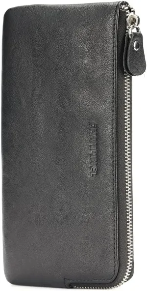 Mens Genuine Leather Zipper Wallet There are 6 bank cards inside the mobile phone bag and 1 card slot on the surface (Vegetable tanned leather black)