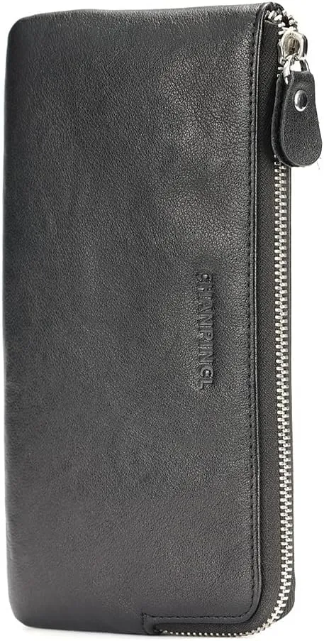 Mens Genuine Leather Zipper Wallet There are 6 bank cards inside the mobile phone bag and 1 card slot on the surface (Vegetable tanned leather black)