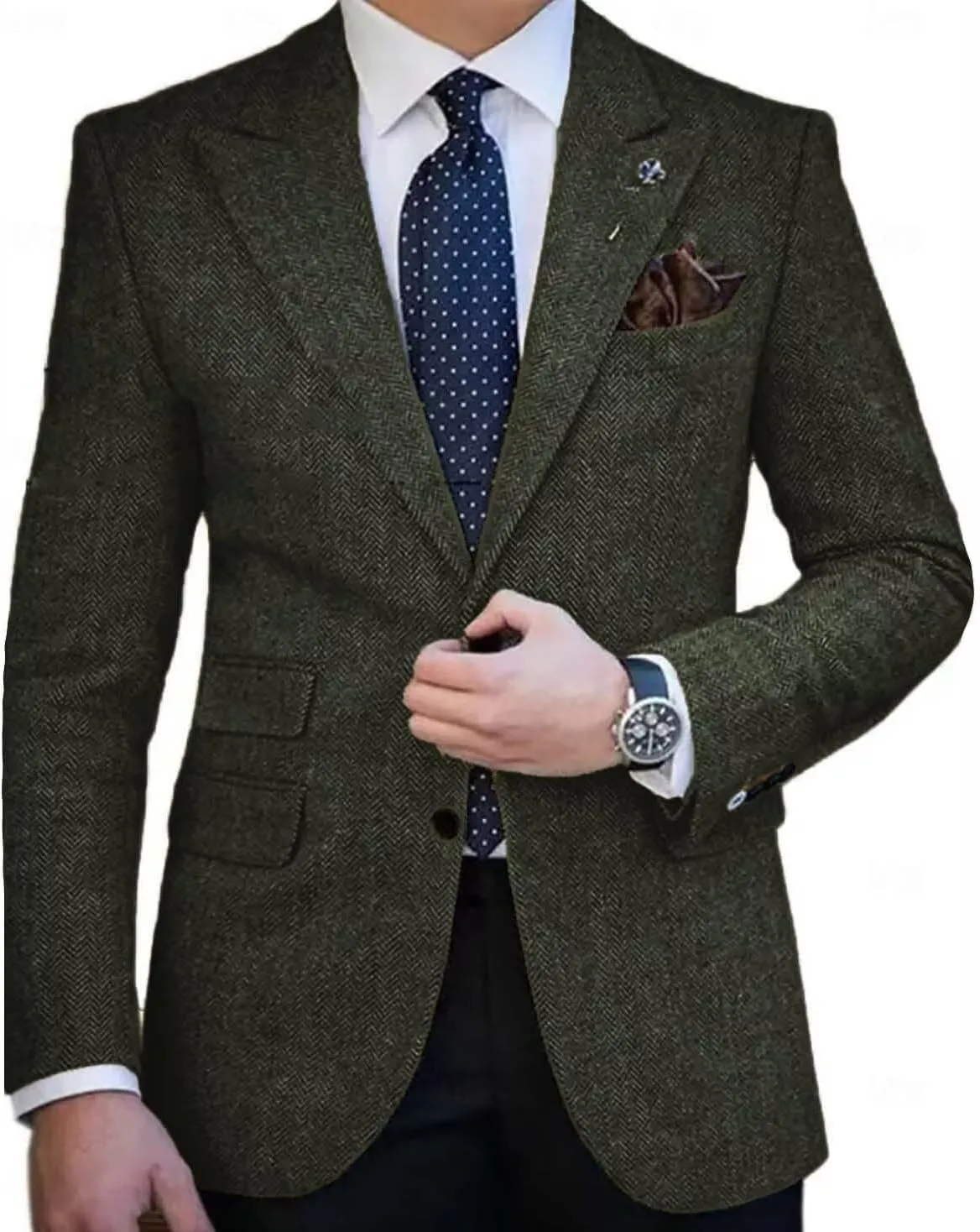 Mens Herringbone Tweed Blazer Two Pockets Wool Blend Sports Coats and Blazers for Prom Business