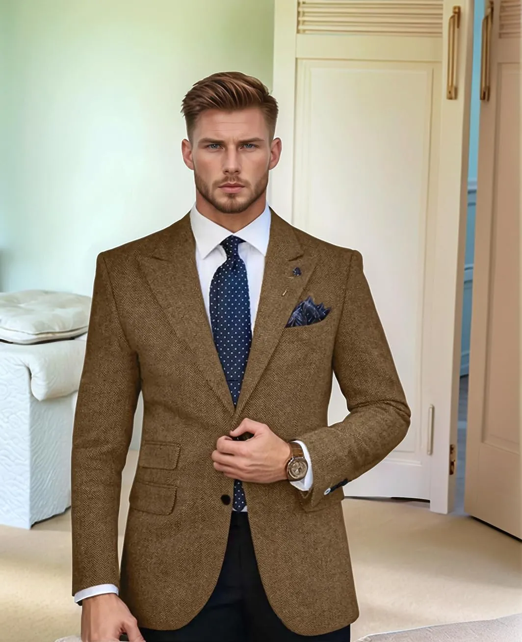 Mens Herringbone Tweed Blazer Two Pockets Wool Blend Sports Coats and Blazers for Prom Business