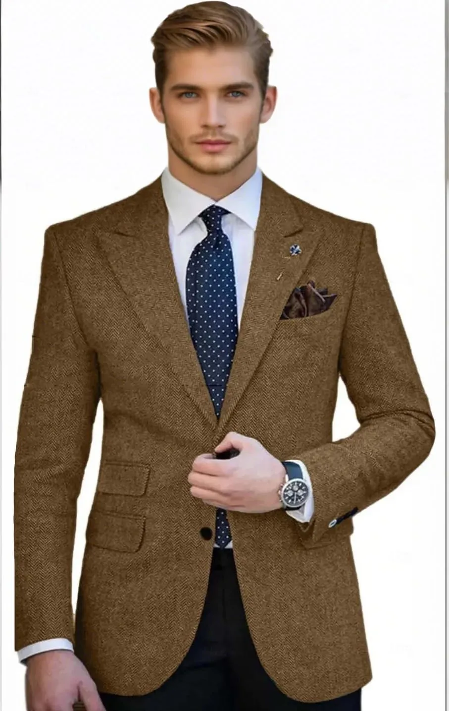 Mens Herringbone Tweed Blazer Two Pockets Wool Blend Sports Coats and Blazers for Prom Business
