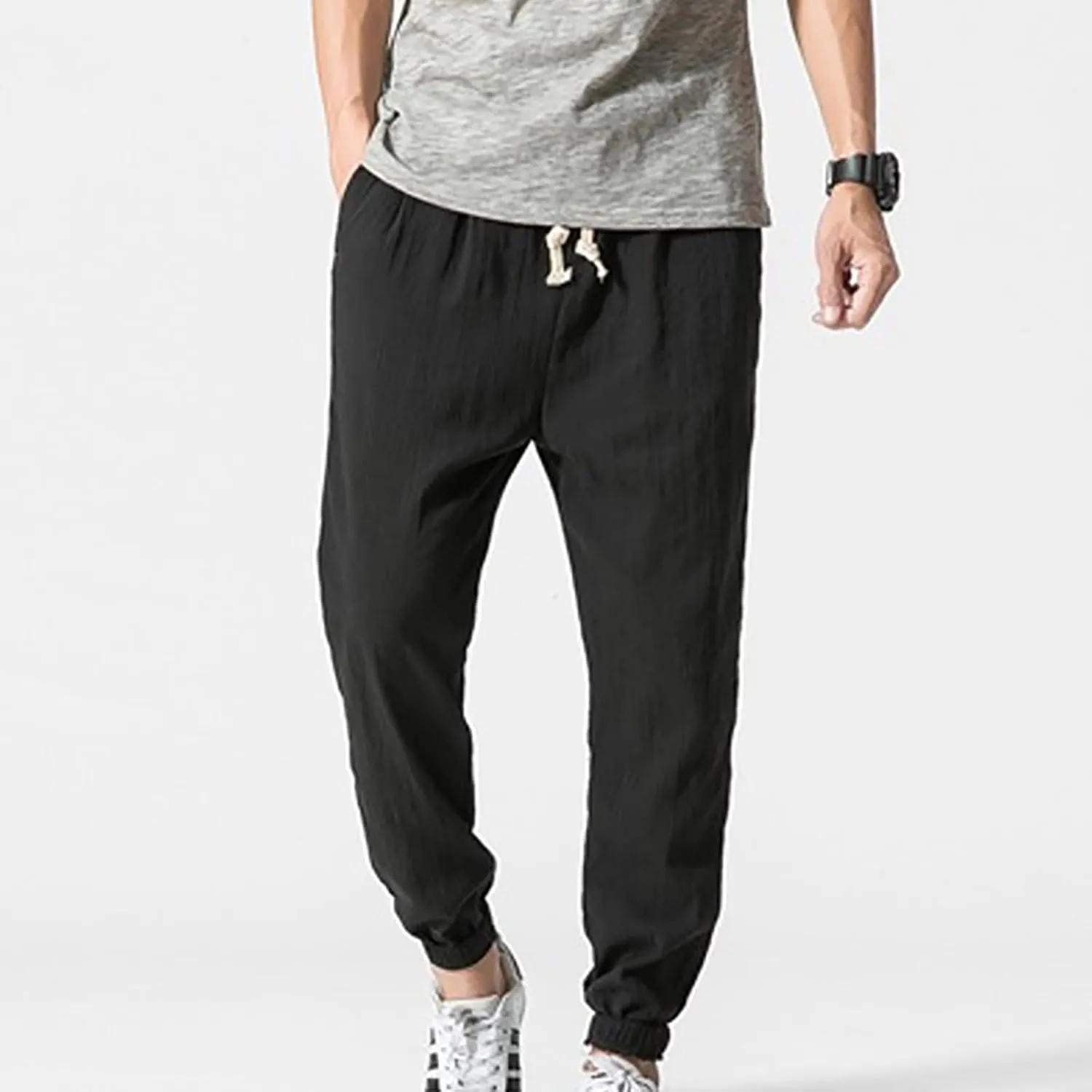 Mens Lantern Casual Pants Loose Fit Hiking Trousers Cotton Linen Trendy Harlen Pants Drawstring Waist Tapered Pants