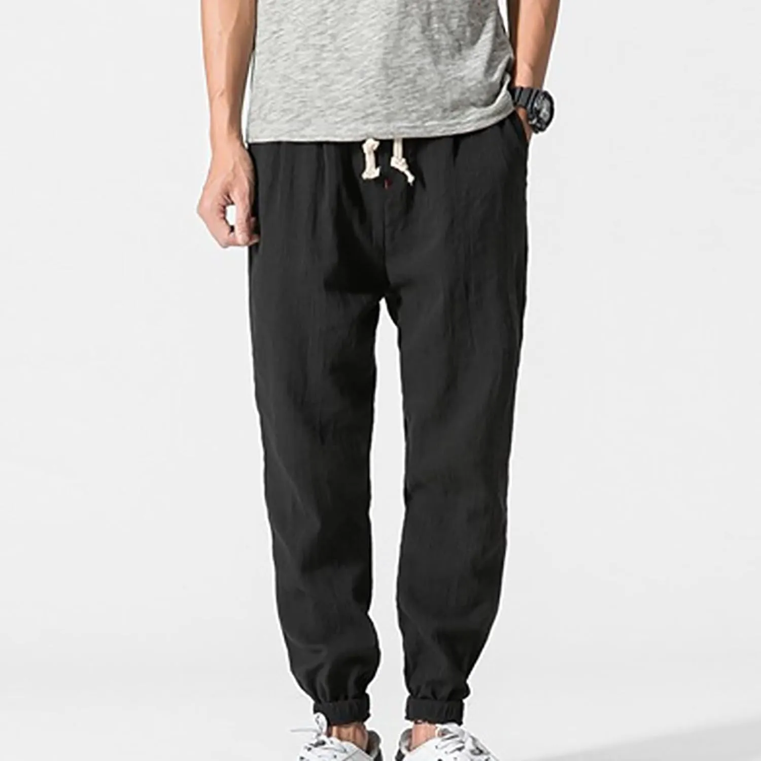 Mens Lantern Casual Pants Loose Fit Hiking Trousers Cotton Linen Trendy Harlen Pants Drawstring Waist Tapered Pants
