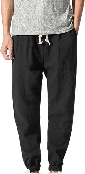 Mens Lantern Casual Pants Loose Fit Hiking Trousers Cotton Linen Trendy Harlen Pants Drawstring Waist Tapered Pants