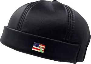 Mens Leather Docker Cap Brimless Hats Skullcap Worker Sailor Cap Rolled Cuff Retro Beanie Hat Black