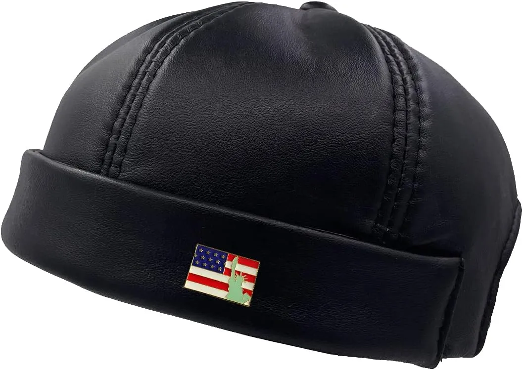 Mens Leather Docker Cap Brimless Hats Skullcap Worker Sailor Cap Rolled Cuff Retro Beanie Hat Black