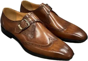 Men’s Leather Monk Strap Dress Shoes, Double Buckle, Brogue Perforated Pattern, Pointed Toe, Leather Sole