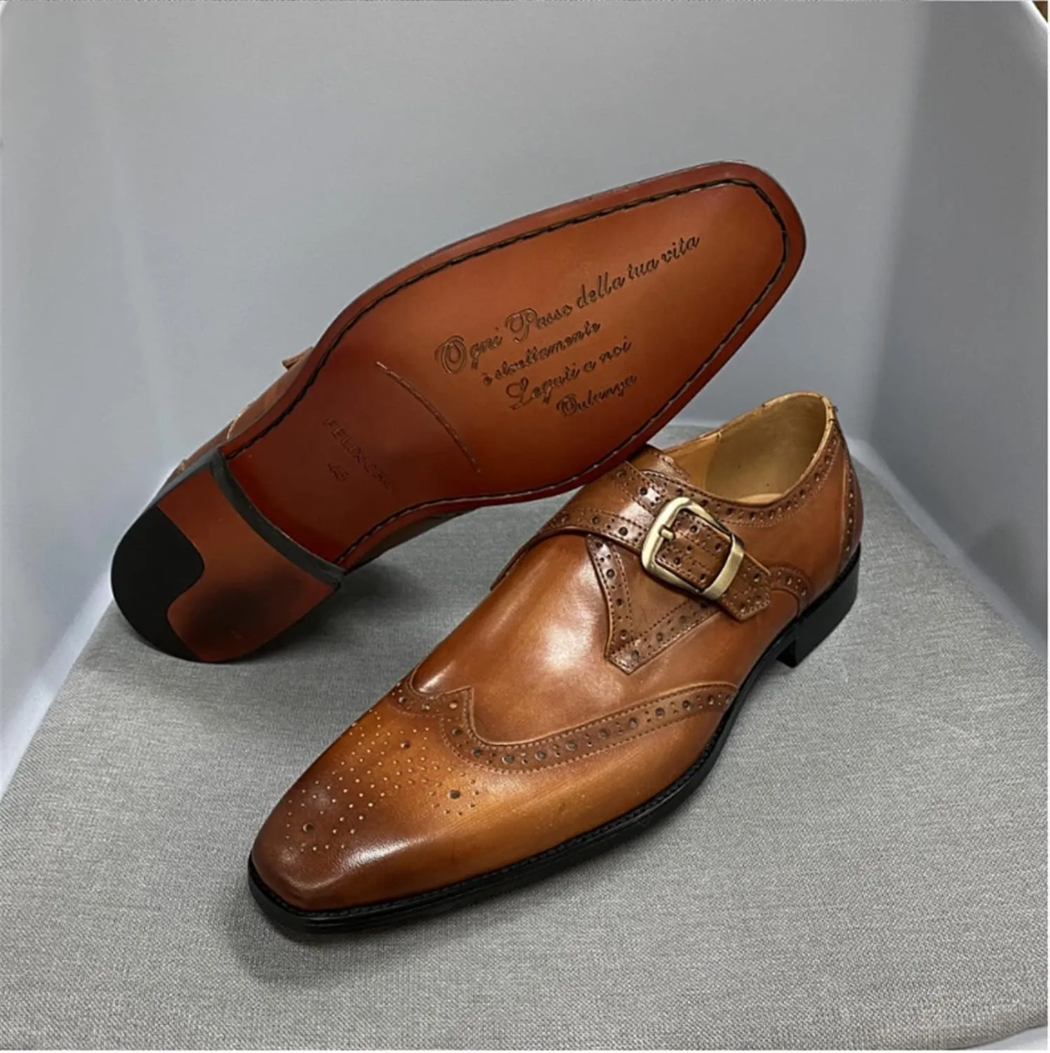 Men’s Leather Monk Strap Dress Shoes, Double Buckle, Brogue Perforated Pattern, Pointed Toe, Leather Sole
