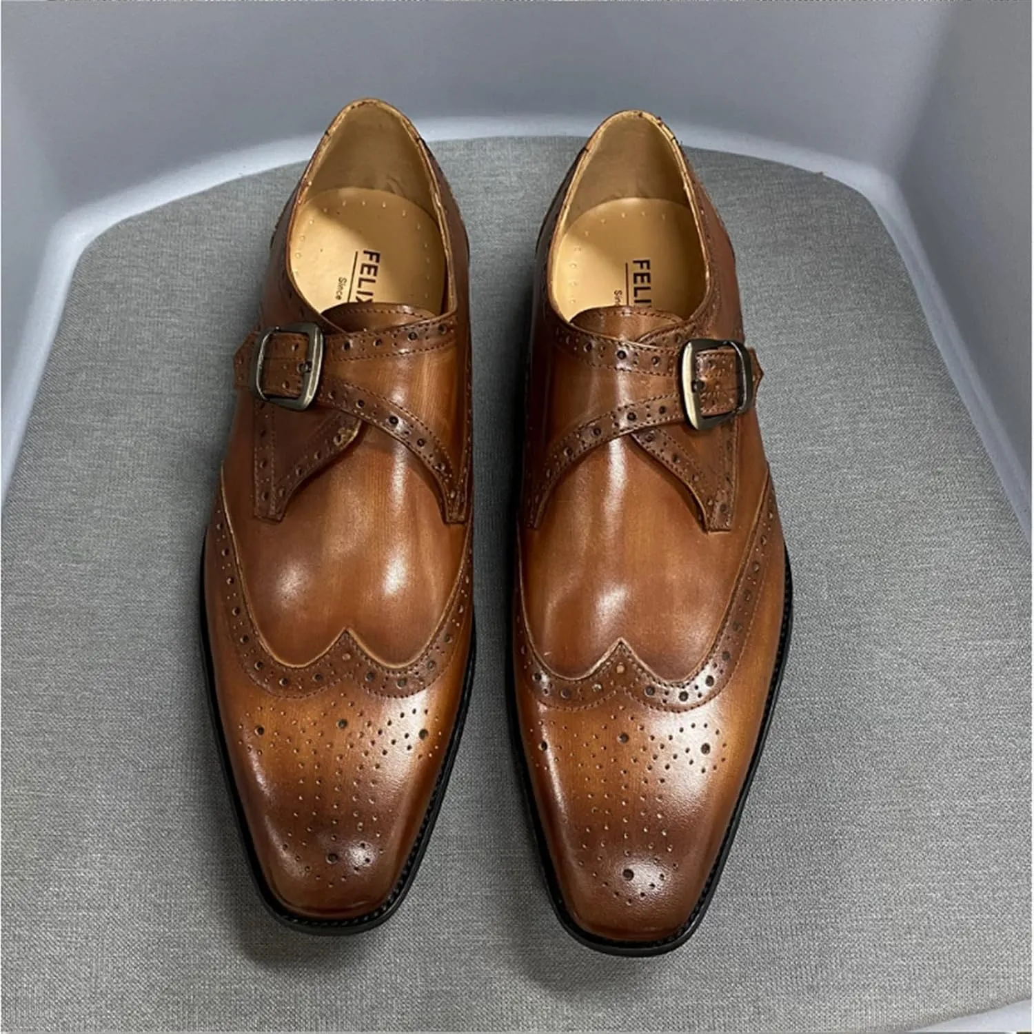 Men’s Leather Monk Strap Dress Shoes, Double Buckle, Brogue Perforated Pattern, Pointed Toe, Leather Sole