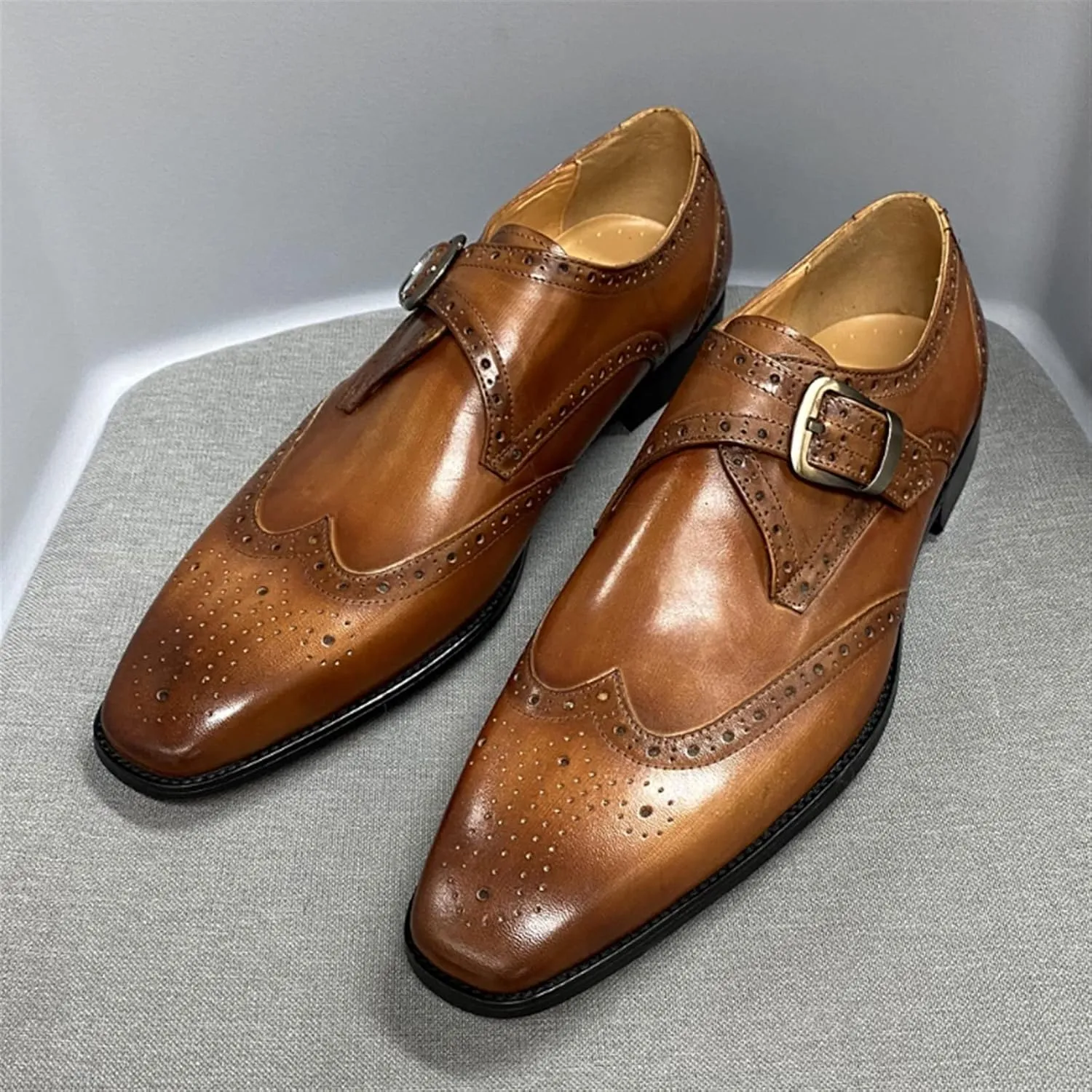 Men’s Leather Monk Strap Dress Shoes, Double Buckle, Brogue Perforated Pattern, Pointed Toe, Leather Sole