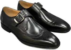 Men’s Leather Monk Strap Dress Shoes, Double Buckle, Brogue Perforated Pattern, Pointed Toe, Leather Sole(Black,10 M US)