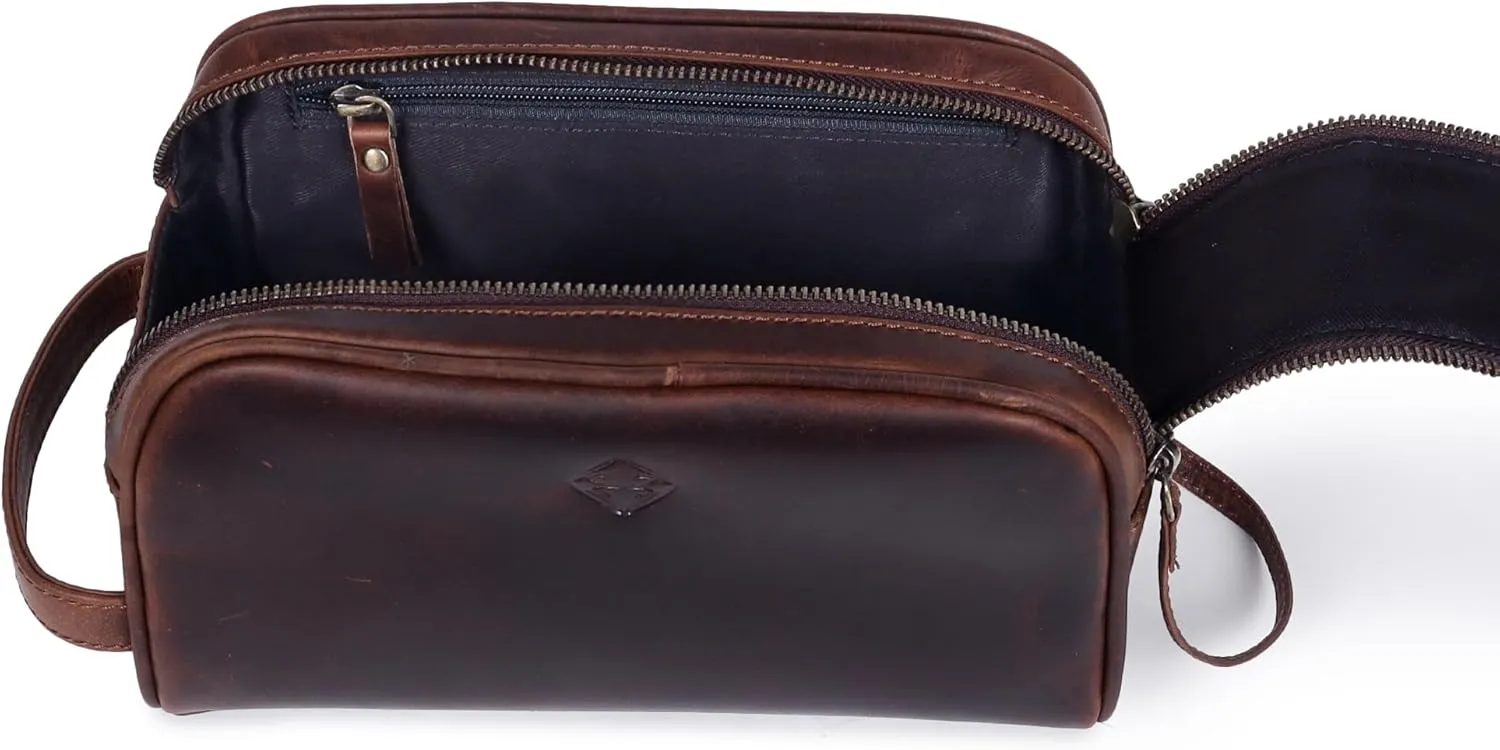 Mens Leather Toiletry Travel Bag, Shaving and Travel Kit for Men, Dopp Kit Men, Handcrafted Vintage, Toiletry Pouch With Waterproof Lining - Dark Brown