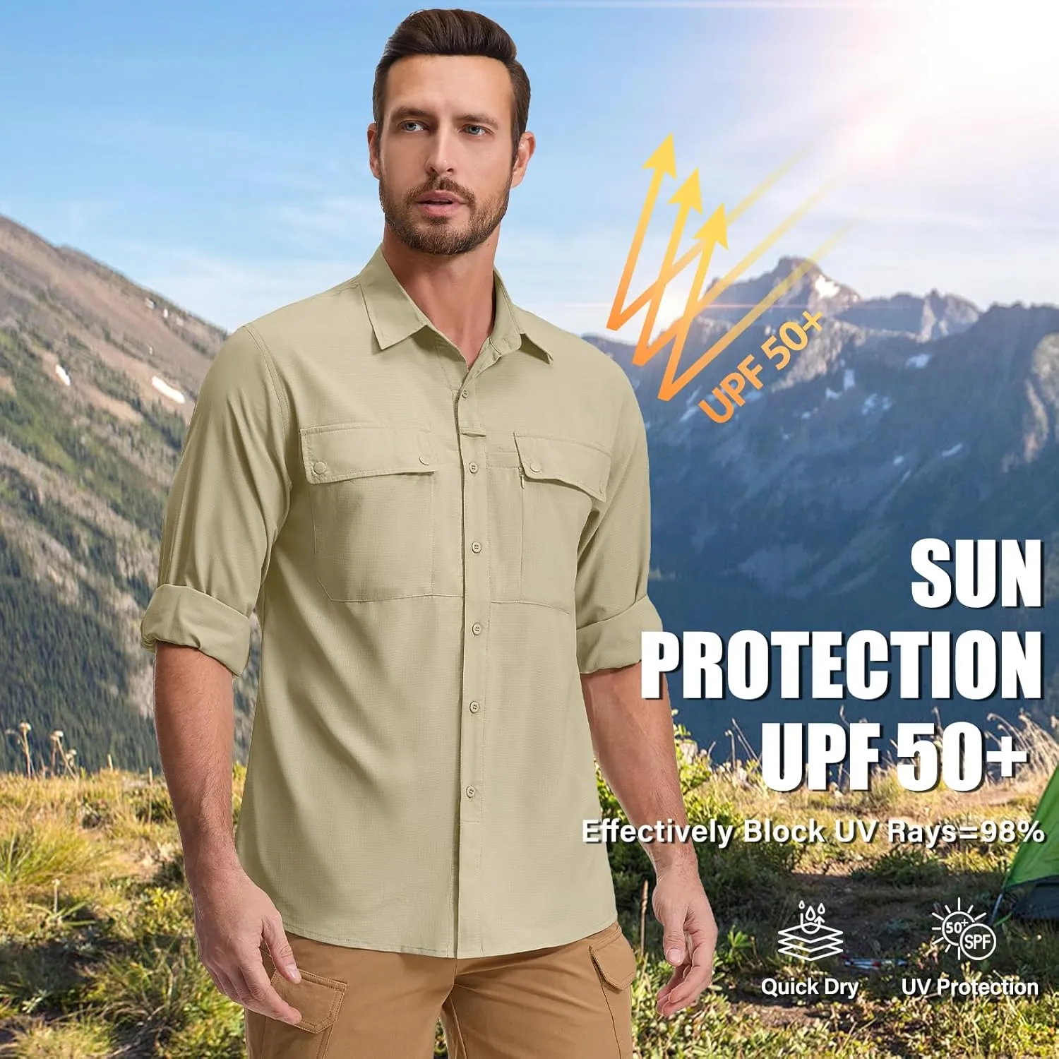 Men's Long Sleeve Hiking Fishing Shirts UPF 50  Sun Protection Quick Dry Shirts Outdoor Travel Safari Camping