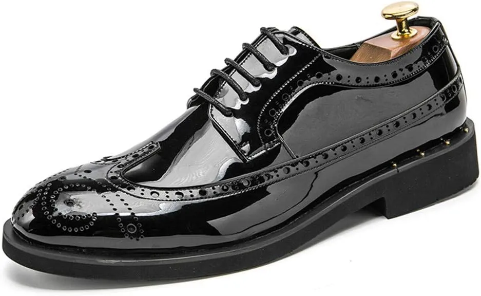 Men's Patent Oxford Lace Up Brogue Wingtips Solid Color Casual Round Toe Outdoor Shoes Flats Lightweight Formal Men