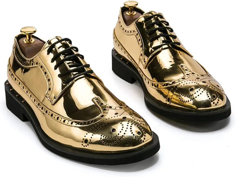 Men's Patent Oxford Lace Up Brogue Wingtips Solid Color Casual Round Toe Outdoor Shoes Flats Lightweight Formal Men