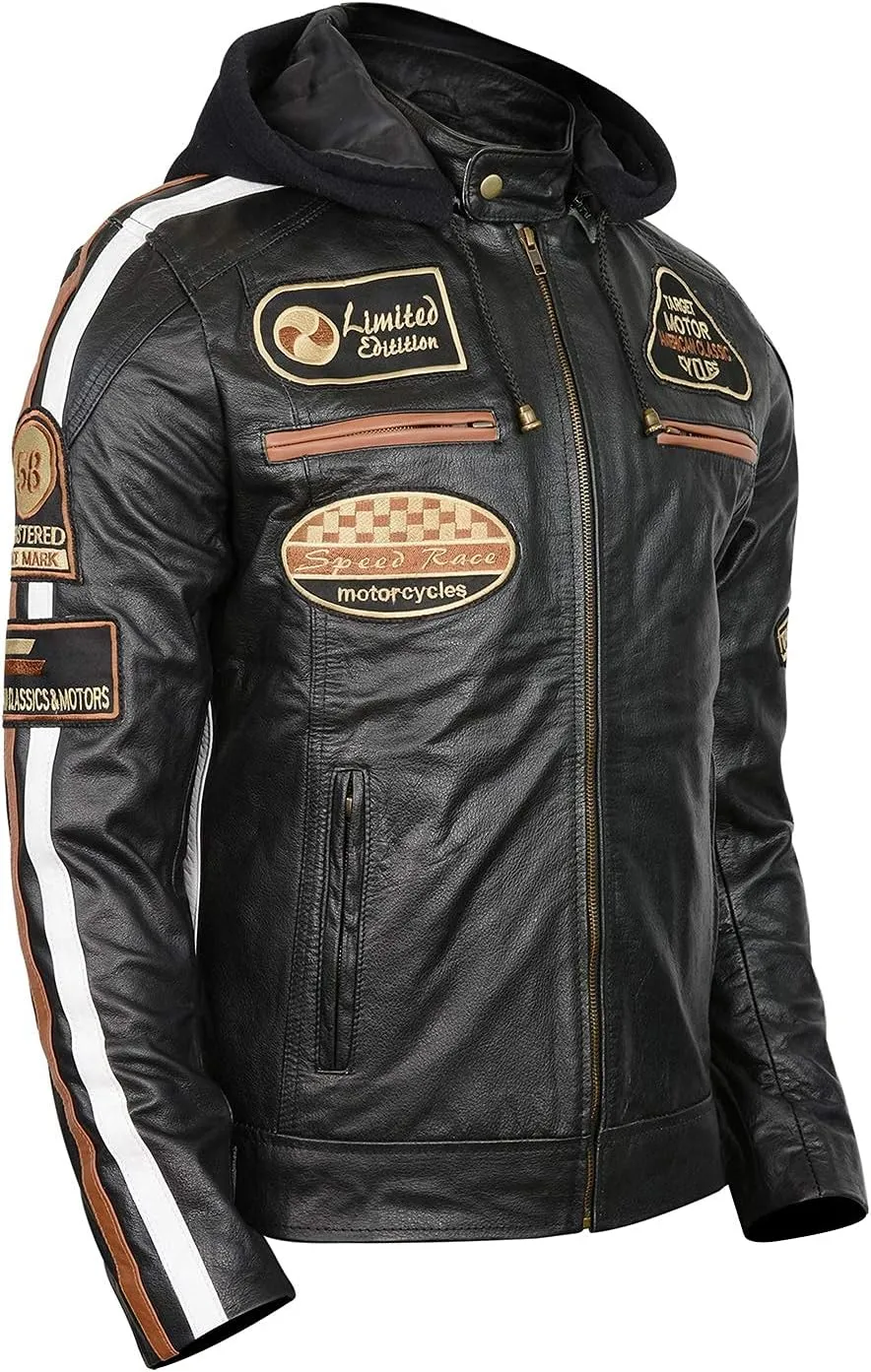 Mens Racing Motorcycle Padded Armored Distressed Brown Cowhide Leather Jacket