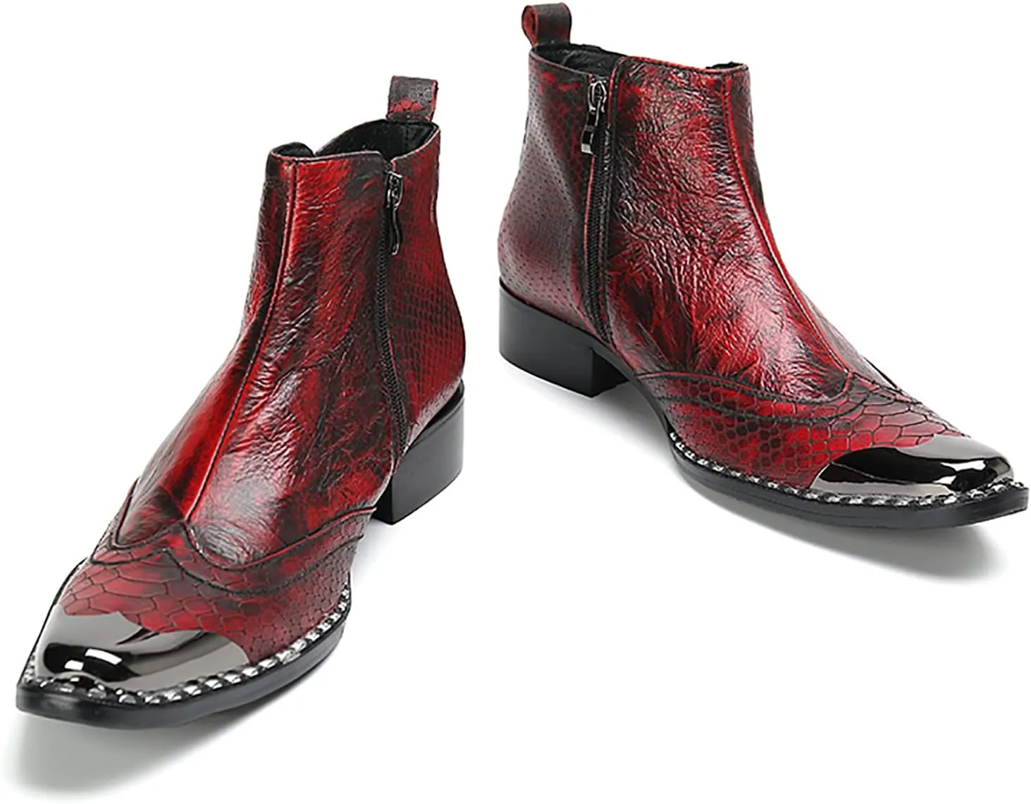 Men's Red Genuine Leather Chelsea Boots - Snakeskin Texture Dress & Casual Ankle Boots with Metal Square Toe - Western Cowboy Boots for Wedding, Party, Prom & Disco