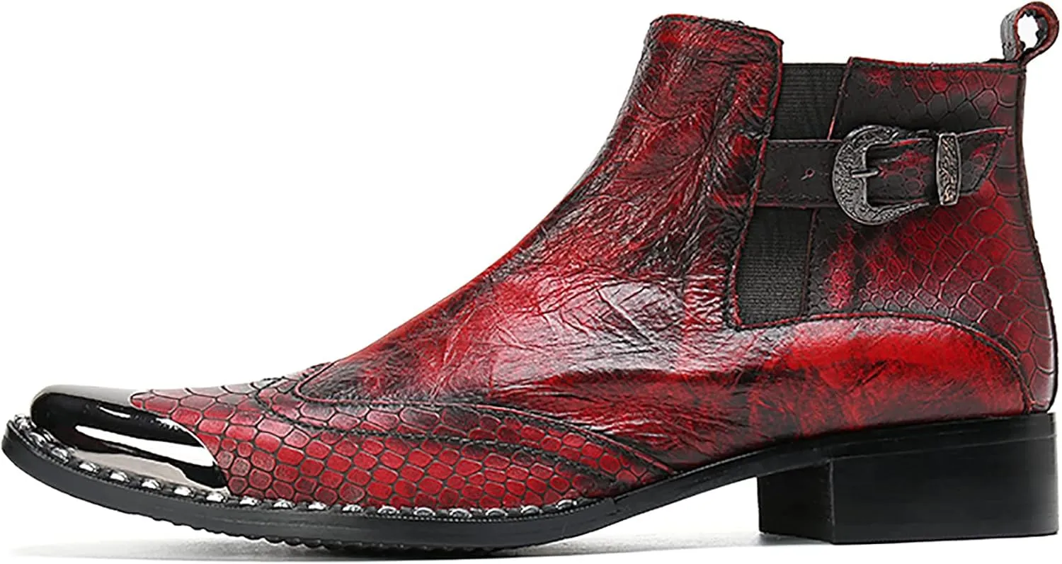 Men's Red Genuine Leather Chelsea Boots - Snakeskin Texture Dress & Casual Ankle Boots with Metal Square Toe - Western Cowboy Boots for Wedding, Party, Prom & Disco