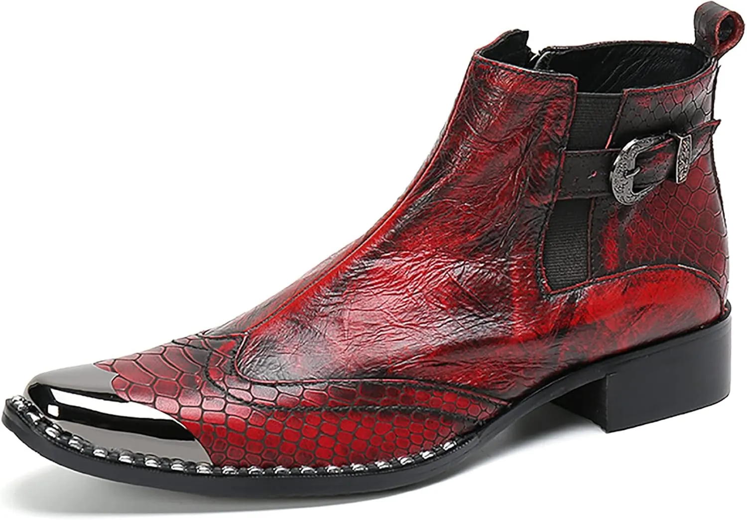 Men's Red Genuine Leather Chelsea Boots - Snakeskin Texture Dress & Casual Ankle Boots with Metal Square Toe - Western Cowboy Boots for Wedding, Party, Prom & Disco
