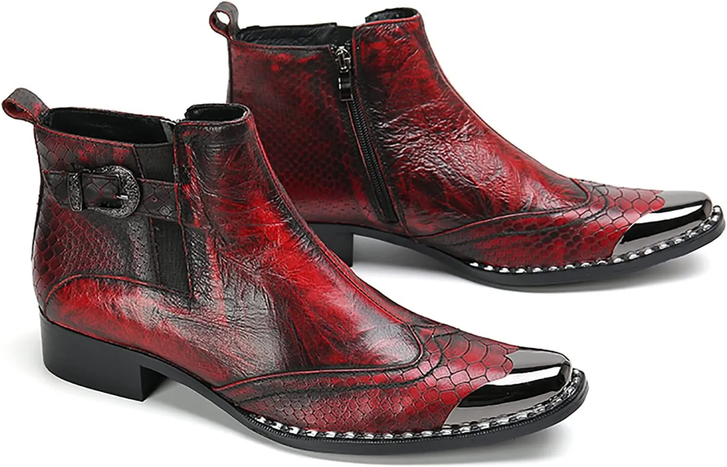 Men's Red Genuine Leather Chelsea Boots - Snakeskin Texture Dress & Casual Ankle Boots with Metal Square Toe - Western Cowboy Boots for Wedding, Party, Prom & Disco