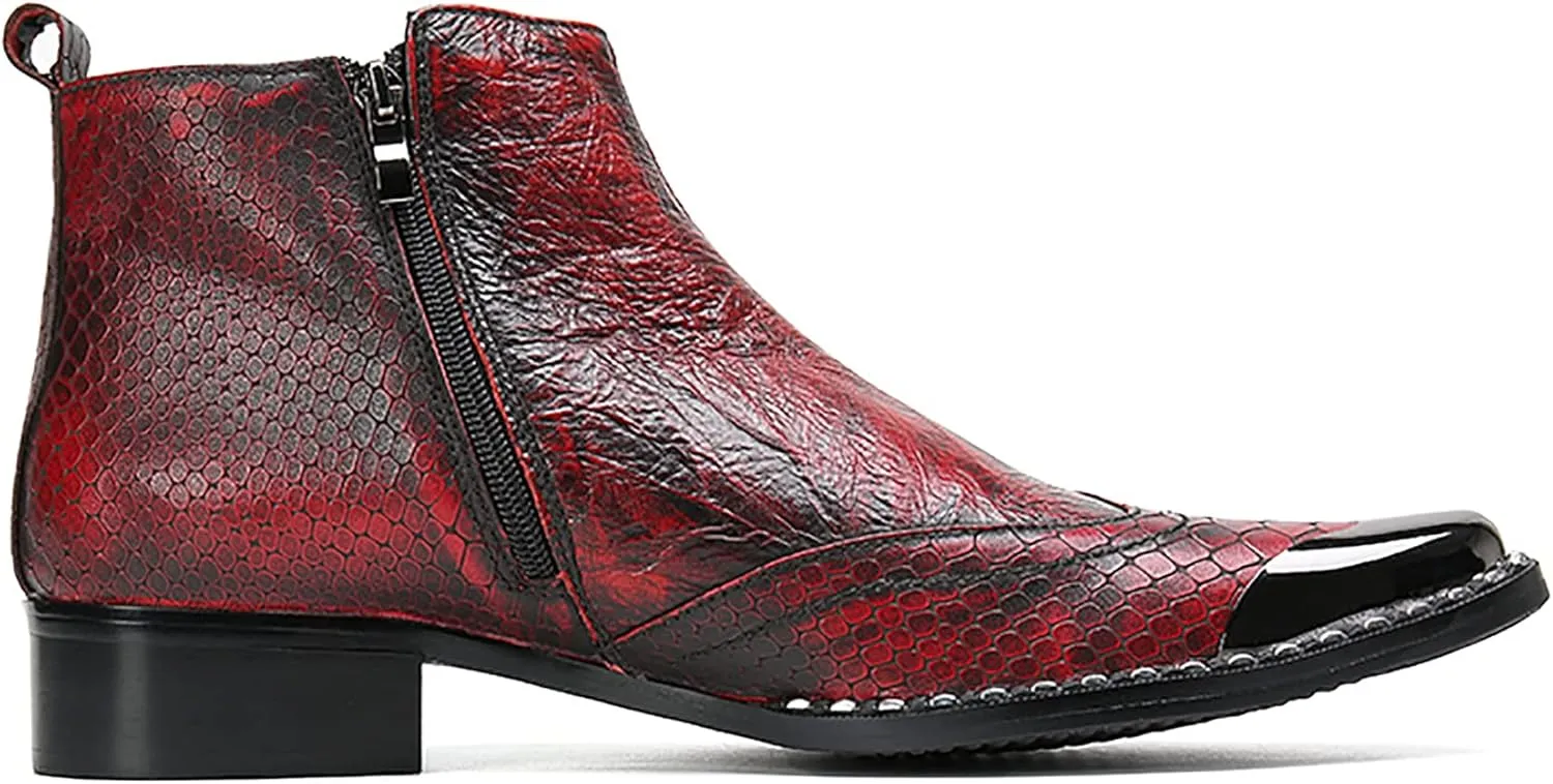 Men's Red Genuine Leather Chelsea Boots - Snakeskin Texture Dress & Casual Ankle Boots with Metal Square Toe - Western Cowboy Boots for Wedding, Party, Prom & Disco
