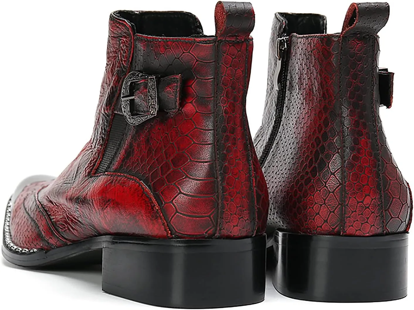 Men's Red Genuine Leather Chelsea Boots - Snakeskin Texture Dress & Casual Ankle Boots with Metal Square Toe - Western Cowboy Boots for Wedding, Party, Prom & Disco