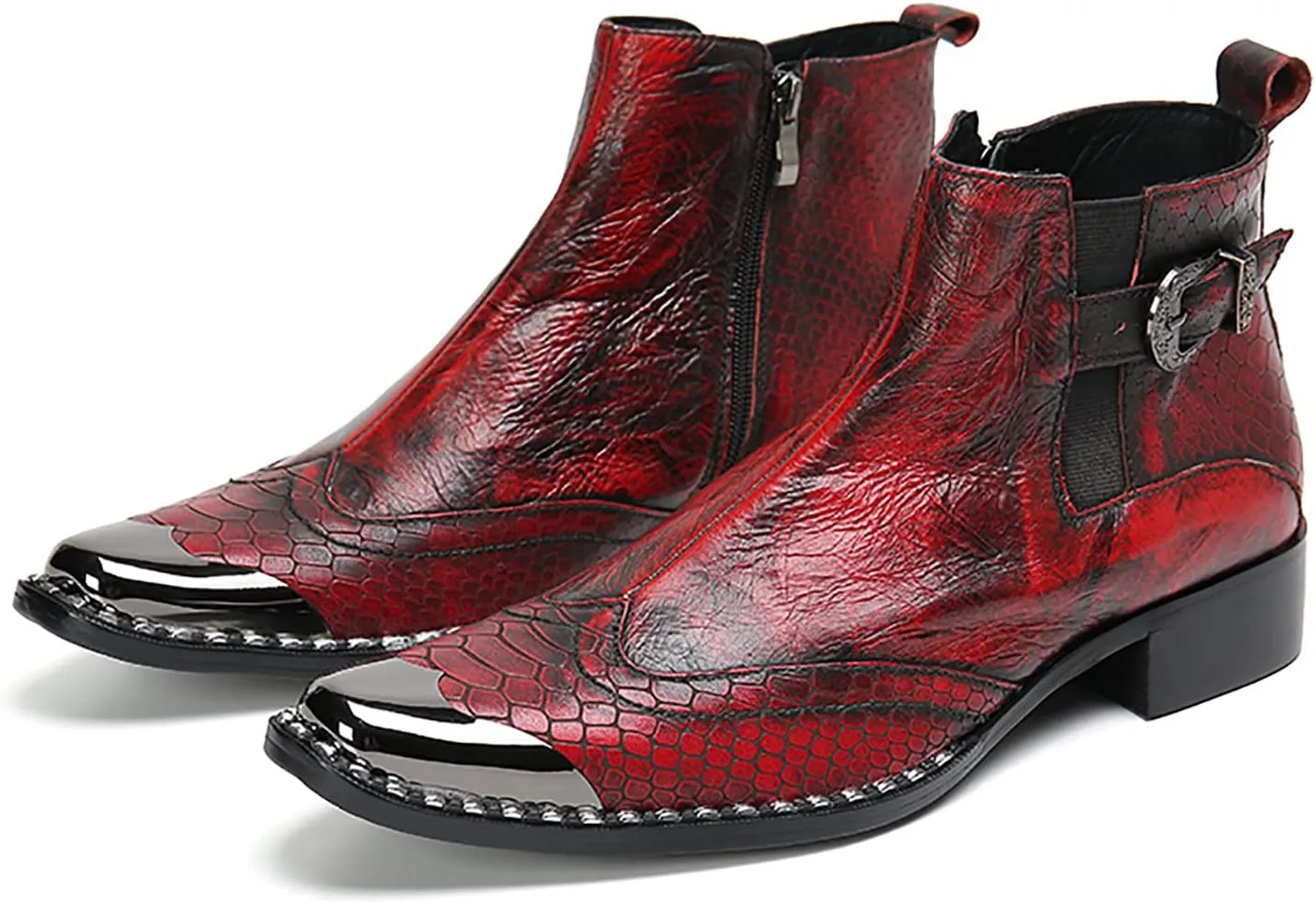 Men's Red Genuine Leather Chelsea Boots - Snakeskin Texture Dress & Casual Ankle Boots with Metal Square Toe - Western Cowboy Boots for Wedding, Party, Prom & Disco