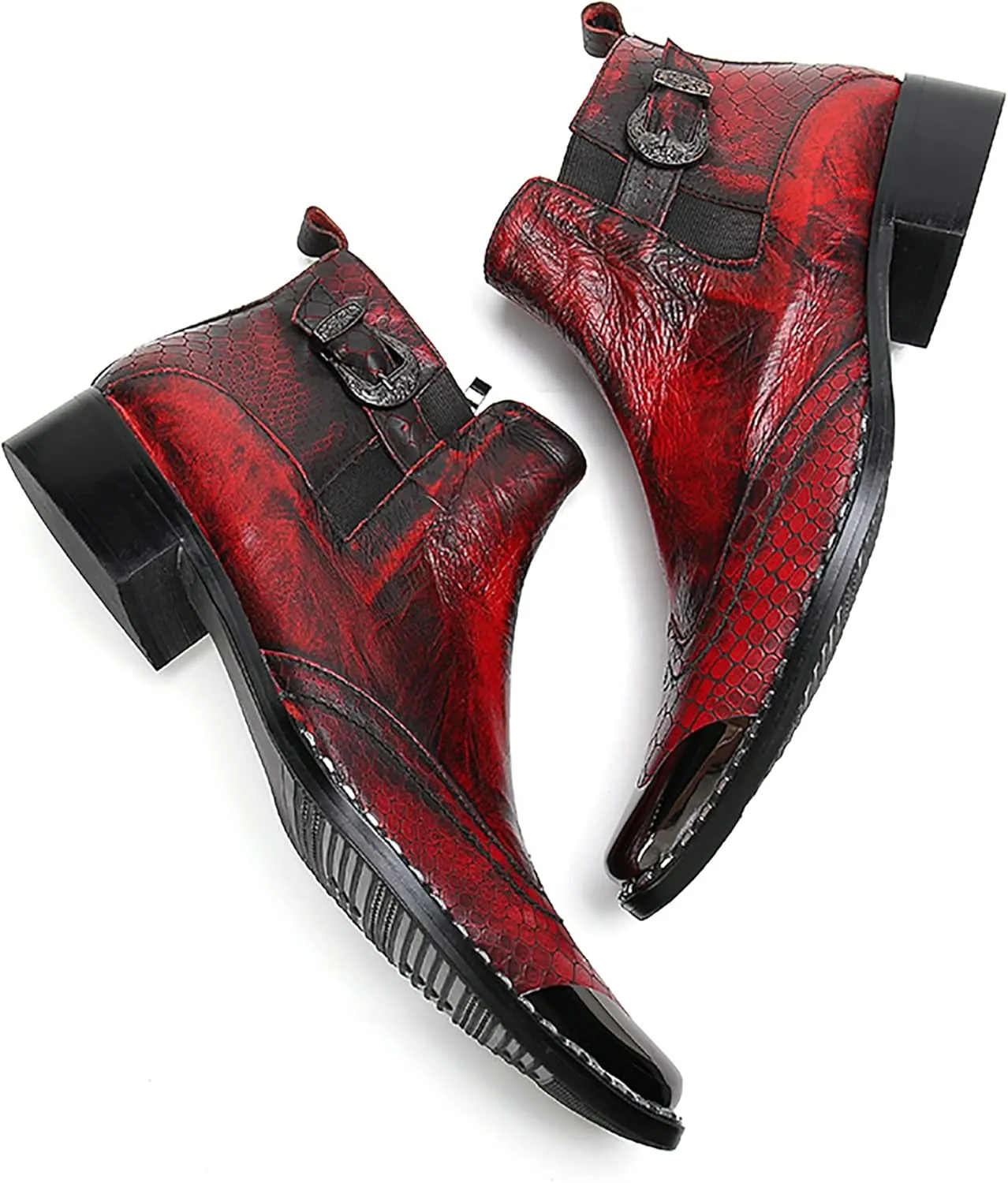 Men's Red Genuine Leather Chelsea Boots - Snakeskin Texture Dress & Casual Ankle Boots with Metal Square Toe - Western Cowboy Boots for Wedding, Party, Prom & Disco