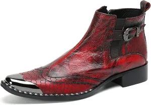 Men's Red Genuine Leather Chelsea Boots - Snakeskin Texture Dress & Casual Ankle Boots with Metal Square Toe - Western Cowboy Boots for Wedding, Party, Prom & Disco