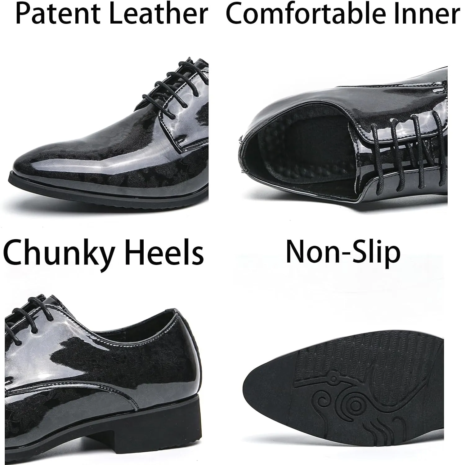 Mens Retro Printed Patent Leather Lace Up Dress Oxfords Shoes Low Top Pointed Toe Non-Slip Chunky Heels Casual Dreby Shoes for Formal Business Wedding