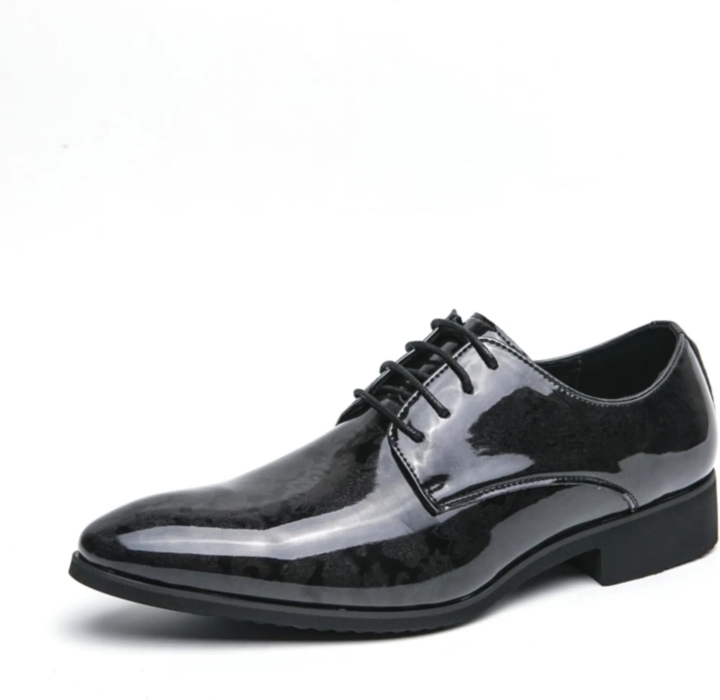 Mens Retro Printed Patent Leather Lace Up Dress Oxfords Shoes Low Top Pointed Toe Non-Slip Chunky Heels Casual Dreby Shoes for Formal Business Wedding