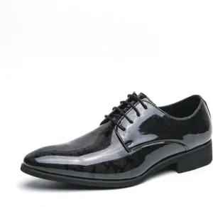 Mens Retro Printed Patent Leather Lace Up Dress Oxfords Shoes Low Top Pointed Toe Non-Slip Chunky Heels Casual Dreby Shoes for Formal Business Wedding