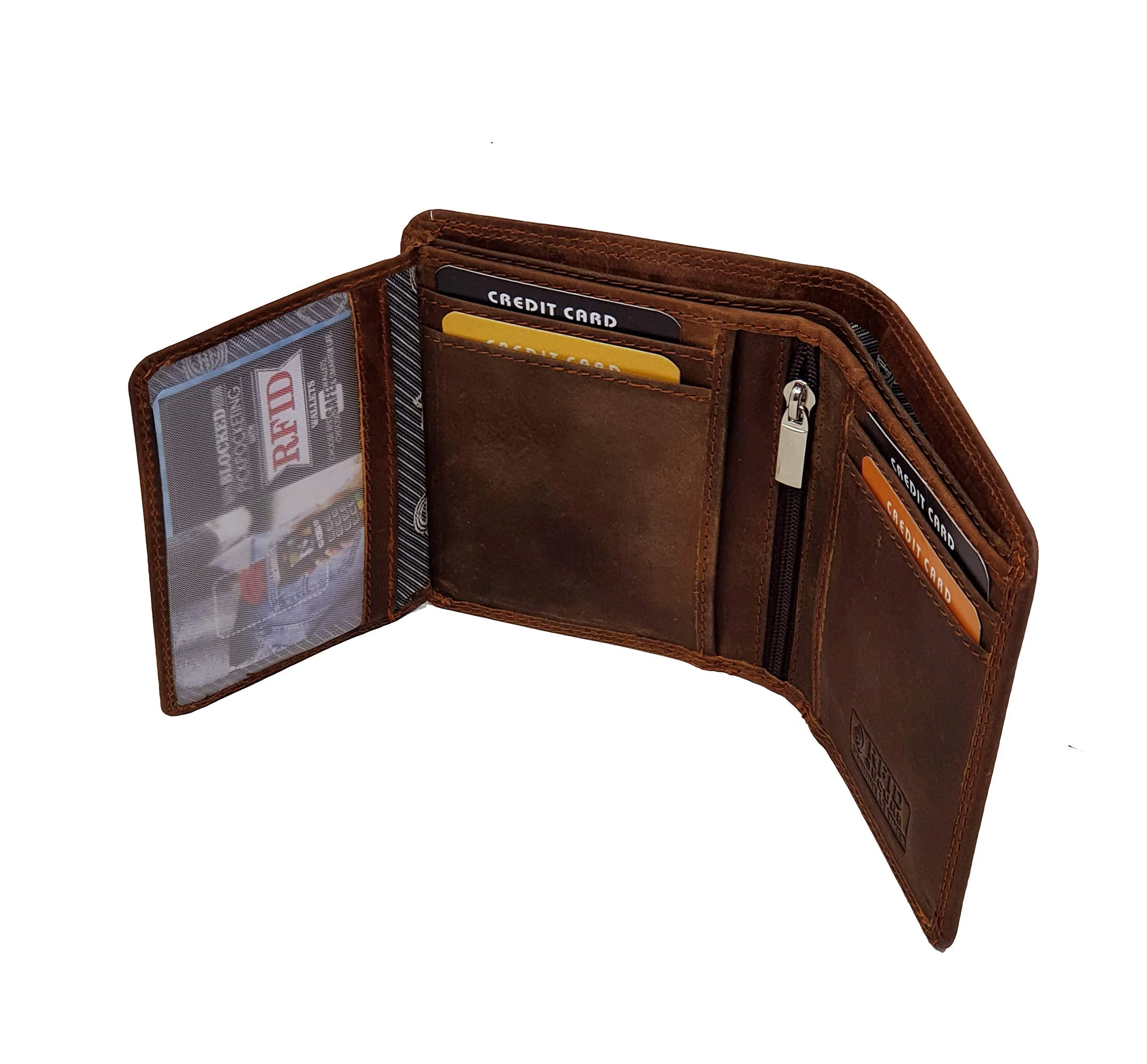 Mens RFID Blocking Compact Genuine Distressed Hunter Leather Trifold Wallet M45 Brown