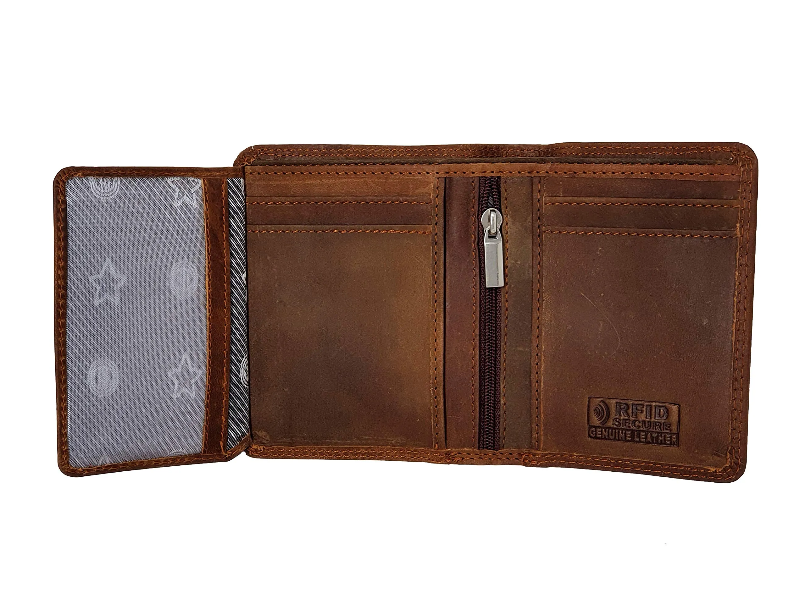 Mens RFID Blocking Compact Genuine Distressed Hunter Leather Trifold Wallet M45 Brown