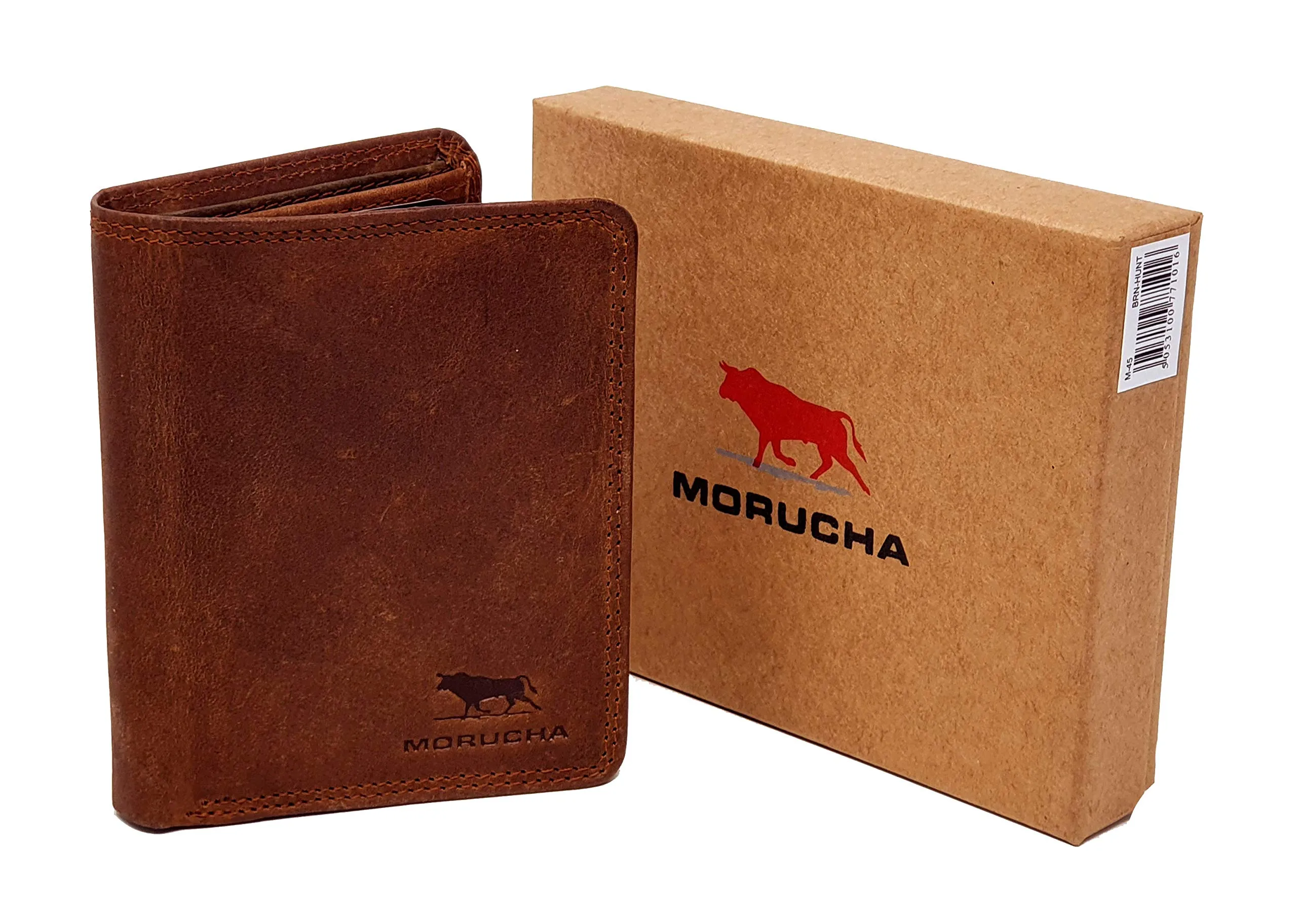 Mens RFID Blocking Compact Genuine Distressed Hunter Leather Trifold Wallet M45 Brown