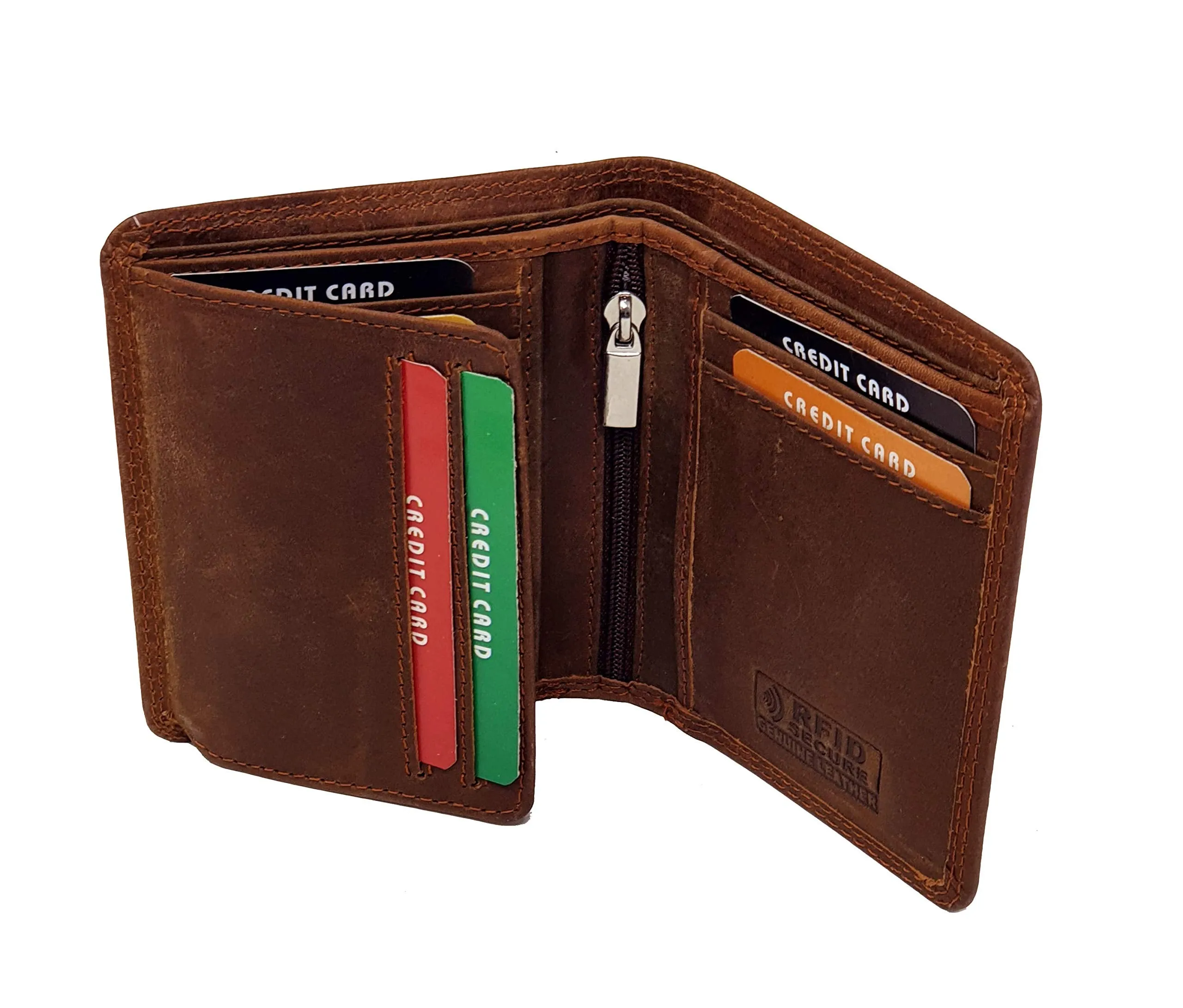 Mens RFID Blocking Compact Genuine Distressed Hunter Leather Trifold Wallet M45 Brown