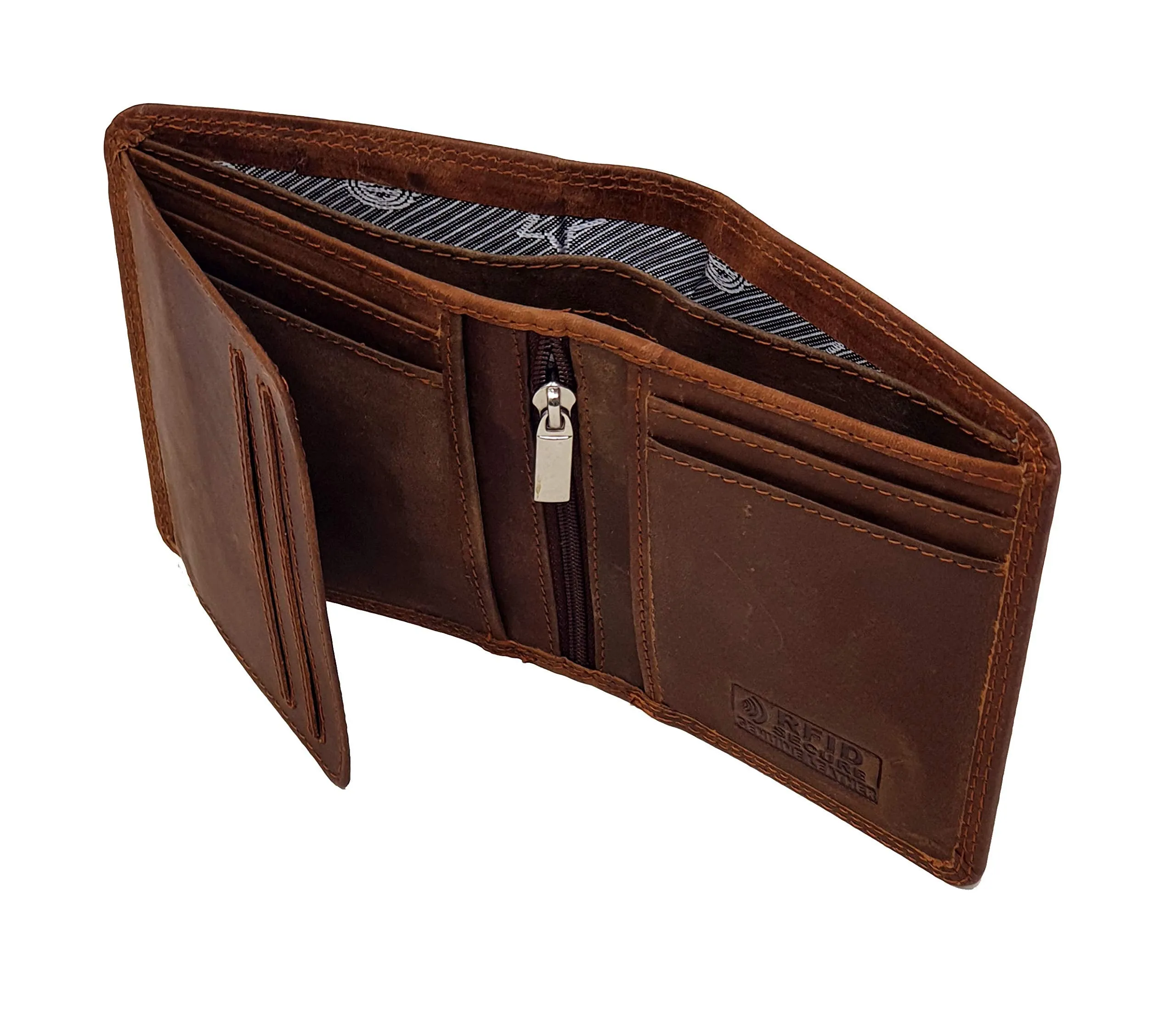Mens RFID Blocking Compact Genuine Distressed Hunter Leather Trifold Wallet M45 Brown