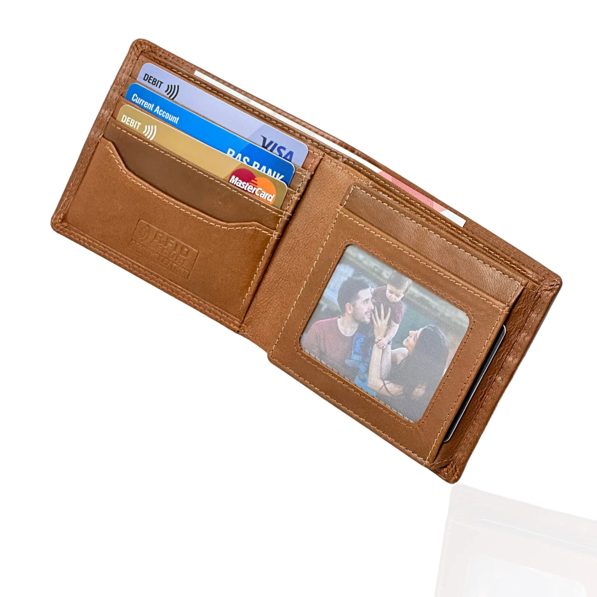 Mens RFID Blocking Compact Genuine Smooth Top Grain Leather Trifold Wallet M-110 Tan