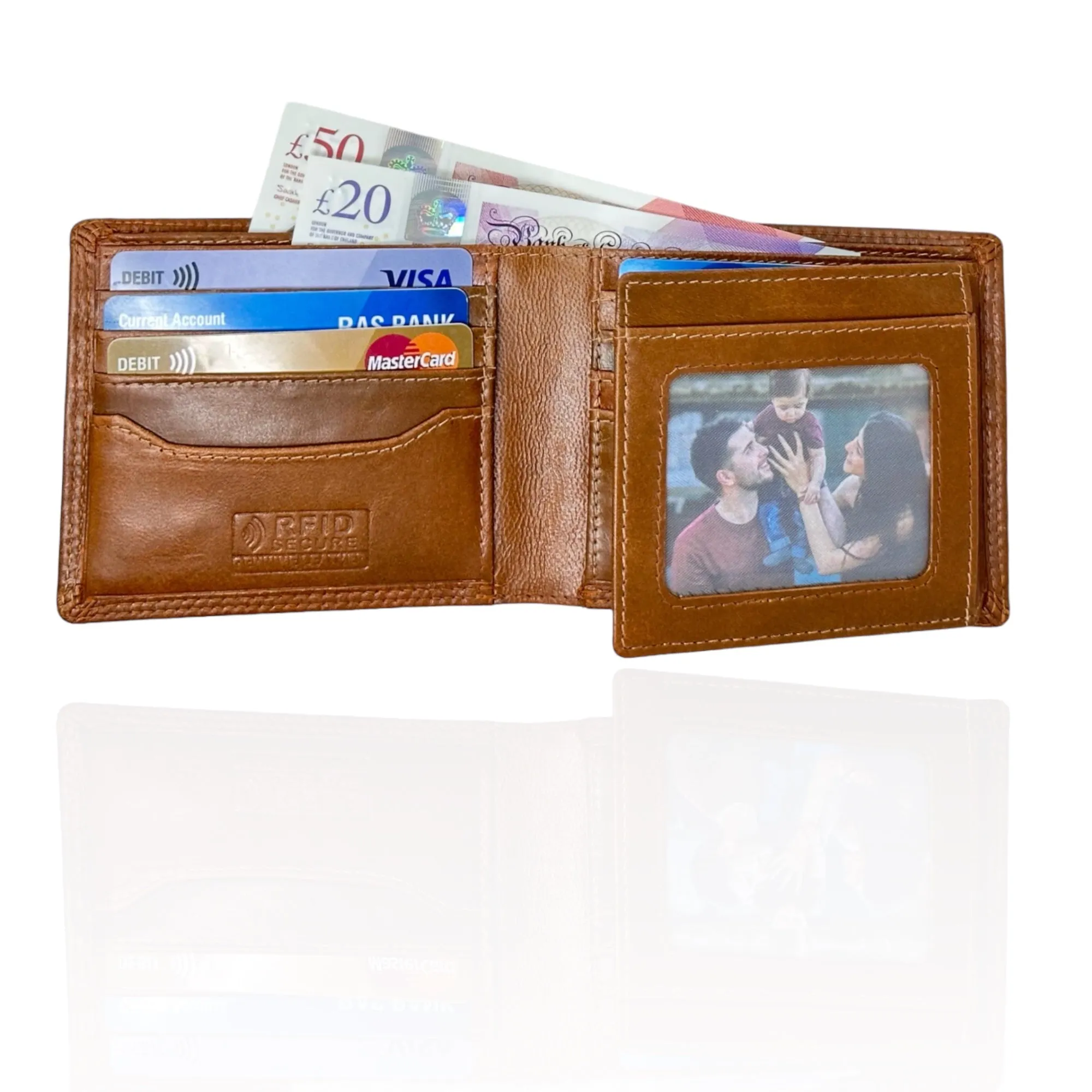 Mens RFID Blocking Compact Genuine Smooth Top Grain Leather Trifold Wallet M-110 Tan