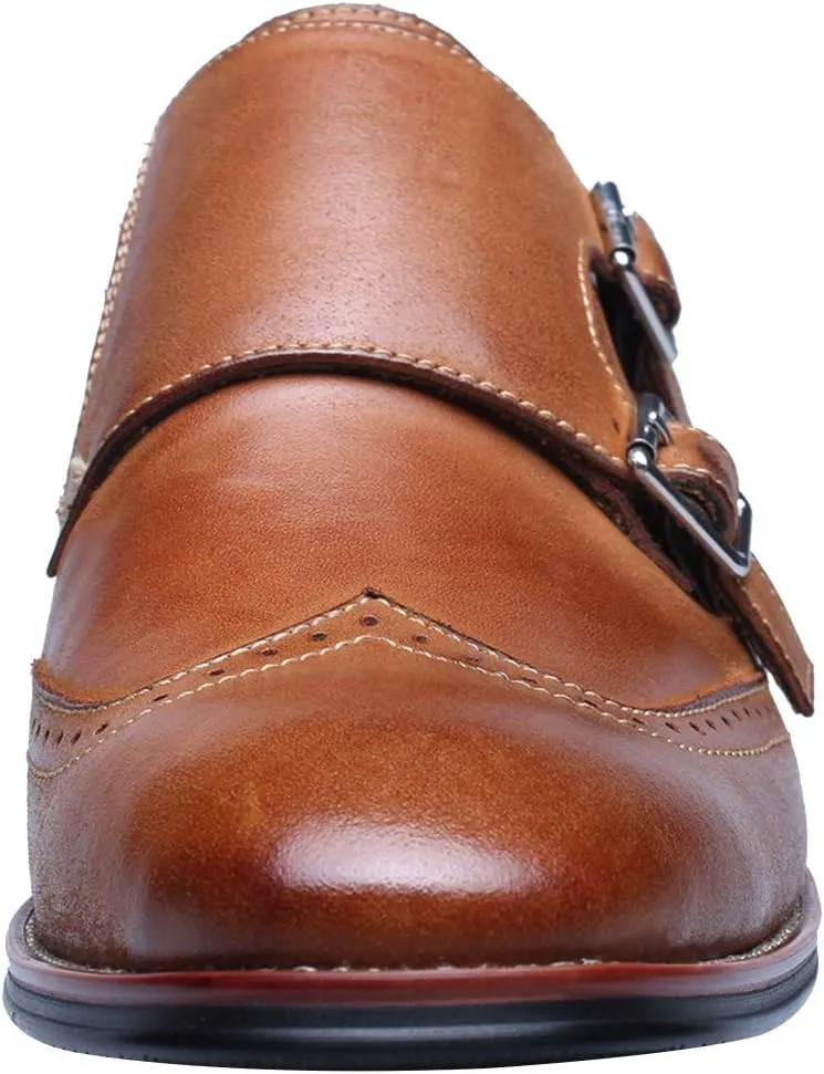 Men's Smart Monk Brogues Genuine Leather Wooden Heel Formal Dress Shoes