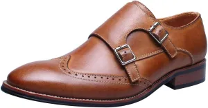 Men's Smart Monk Brogues Genuine Leather Wooden Heel Formal Dress Shoes