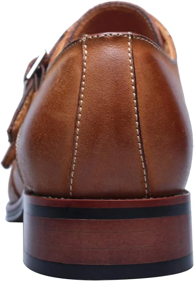 Men's Smart Monk Brogues Genuine Leather Wooden Heel Formal Dress Shoes