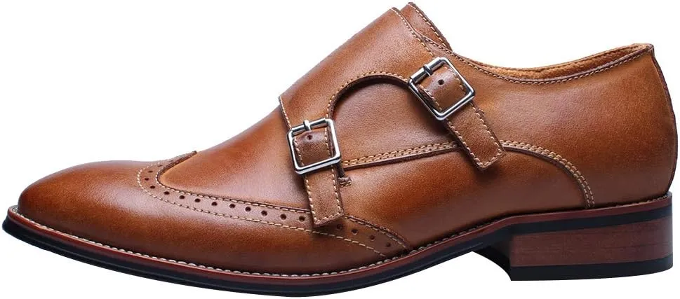 Men's Smart Monk Brogues Genuine Leather Wooden Heel Formal Dress Shoes
